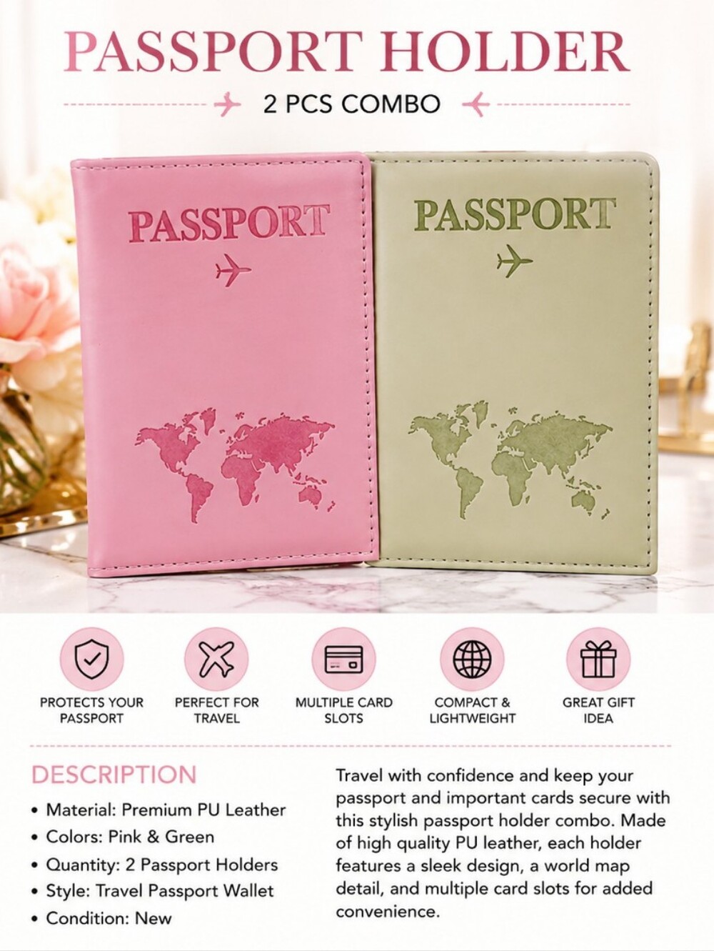 TRAVEL WALLET DUO STYLISHLY Pink & Green PASSPORT HOLDER